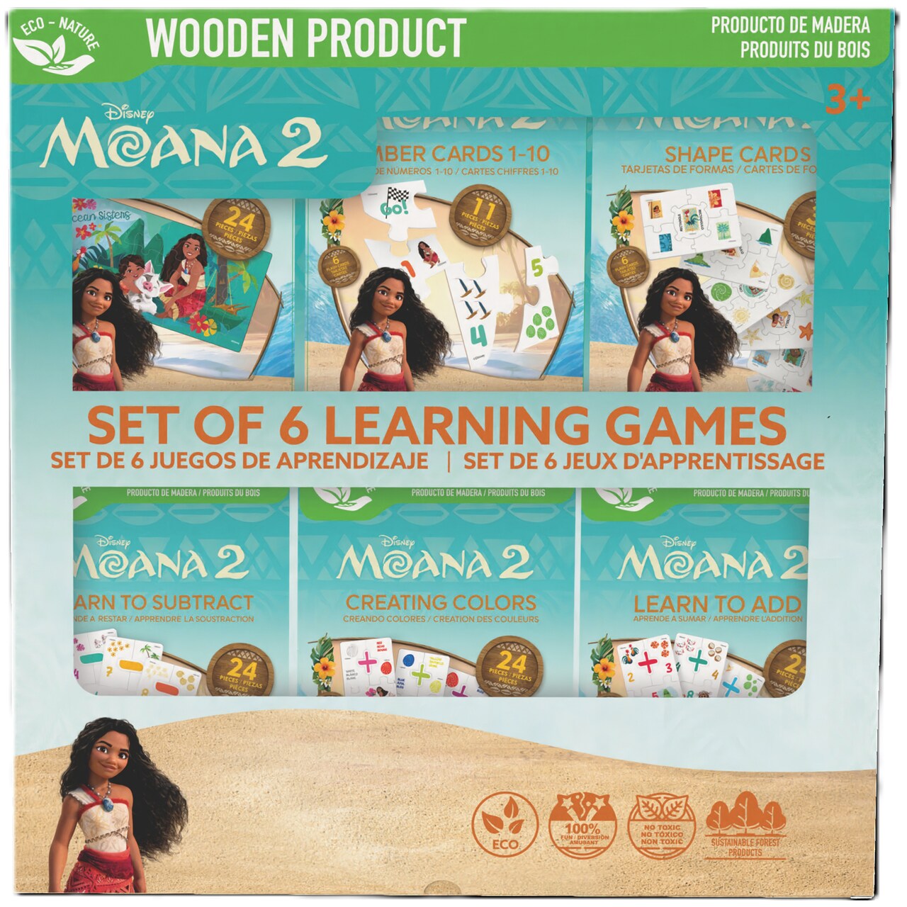 Disney: Moana 2 Learning Games - Set Of 6 - Wooden Puzzles & Flashcards, Bilingual, Fun Educational Based Play, Shapes-Colors-Numbers-Math, Kids 3+